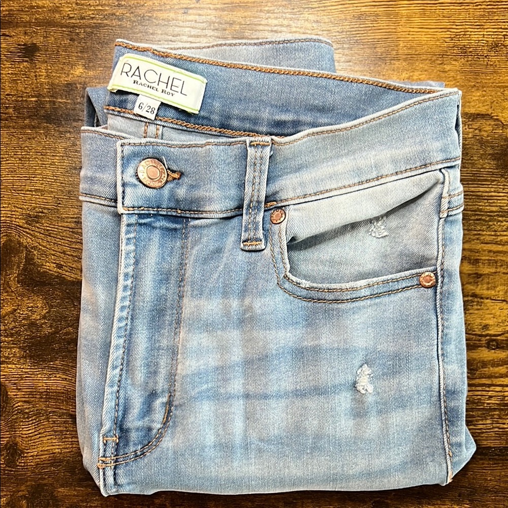 Rachel High Rise Blue Jeans with Distressed Details